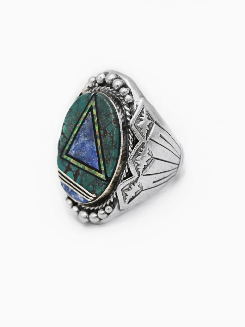 Native American Navajo Zuni Multi Stone Inlay Sterling Silver Ring